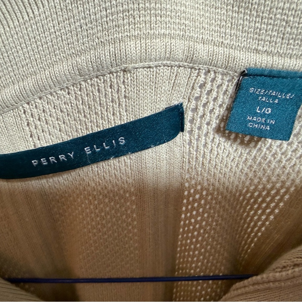 Perry Ellis Textured Knit Polo Shirt Mens Large Beige 90s Dad Golf Core Minimal - Picture 2 of 4